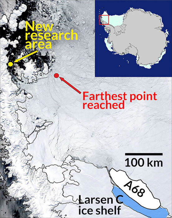 Die Forscher machten sich auf den Weg zum Eisberg A68, der im Juli 2017 vom Larsen C Schelfeis abbrach. Doch rund 400 Kilometer vor ihrem Ziel zwang dickes Meereis die Forscher zur Umkehr. Sie bewegen sich jetzt in relativ eisfreien GewÃ¤ssern in Richtung Larsen A Schelfeis, wo 1995 ein riesiger Eisberg abbrach. Seitdem hat keine biologische Expedition den Meeresboden dort untersucht, sagte die Meeresbiologin Katrin Linse. Â«Wir sind gespannt welche TiefseegeschÃ¶pfe wir dort finden werden.Â» (Bild: BAS)