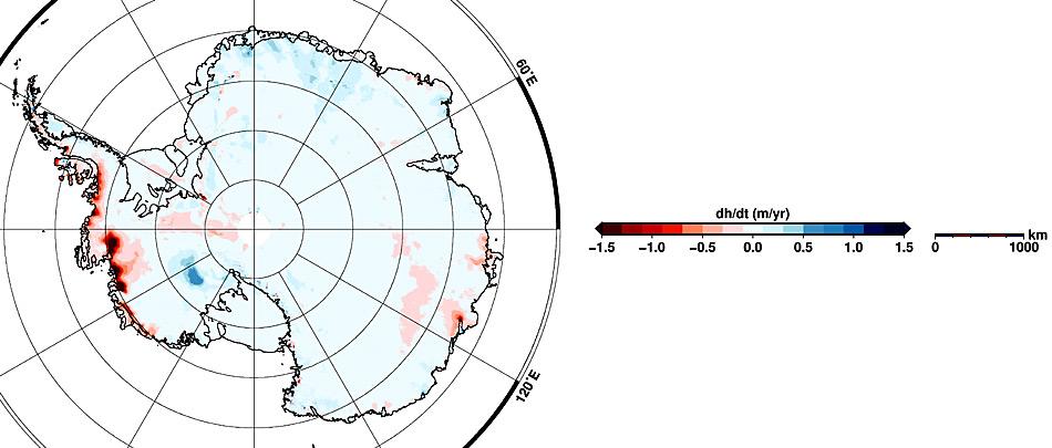 Karte der HÃ¶henverÃ¤nderungen in der Antarktis fÃ¼r den Zeitraum Januar 2011 bis Januar 2014. Die roten FlÃ¤chen markieren Regionen, in denen die Gletscher in den zurÃ¼ckliegenden drei Jahren an Volumen eingebÃ¼Ãt haben, in den blau schraffierten Regionen sind die Gletscher gewachsen.