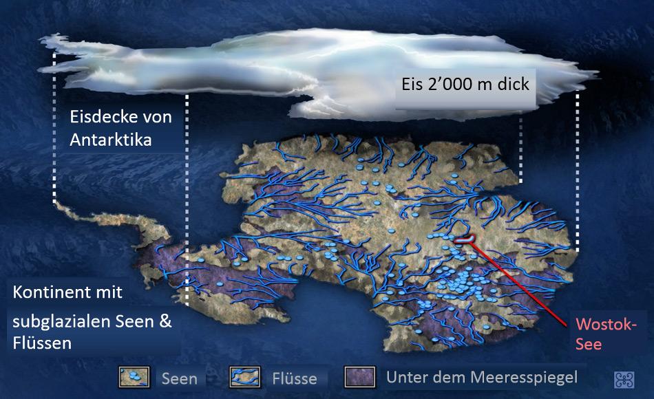 Eine kÃ¼nstlerische Darstellung des antarktischen hydrologischen Systems, von dem Wissenschaftler glauben, dass es unter dem antarktischen Eisschild begraben liegt. (Credit: Zina Deretsky, National Science Foundation)