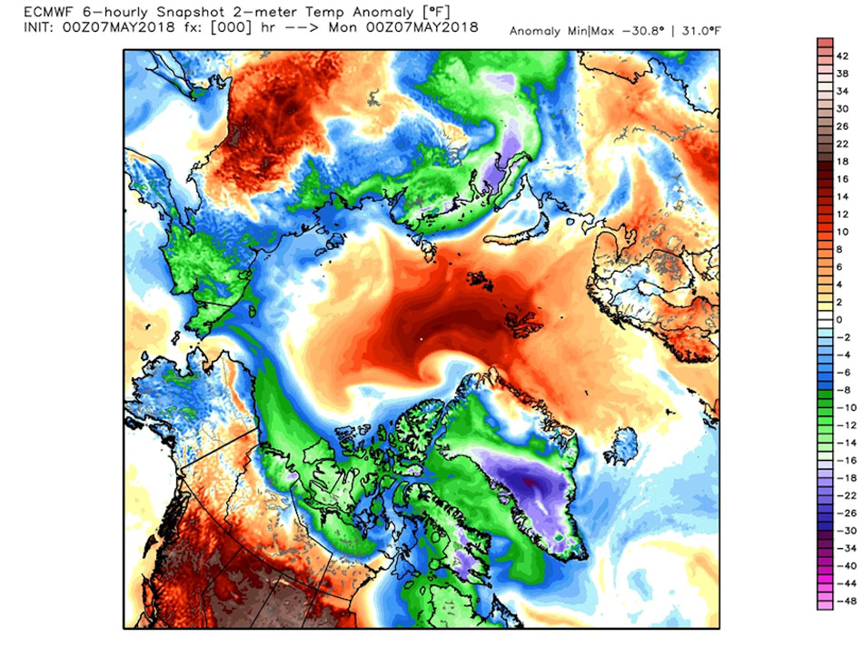 Die Karte der Temperaturanomalien zeigt einen klaren Warmluftvorstoss in die Region des Nordpols von Europa aus. Die kalte Luft, die normalerweise über der Region liegt, wurde zur Seite gedrückt und liegt über der russischen Nordküste und der Mitte Grönlands. Die Konsequenzen dieses Einbruches werden sich erst später zeigen. Karte: WeatherBell.com