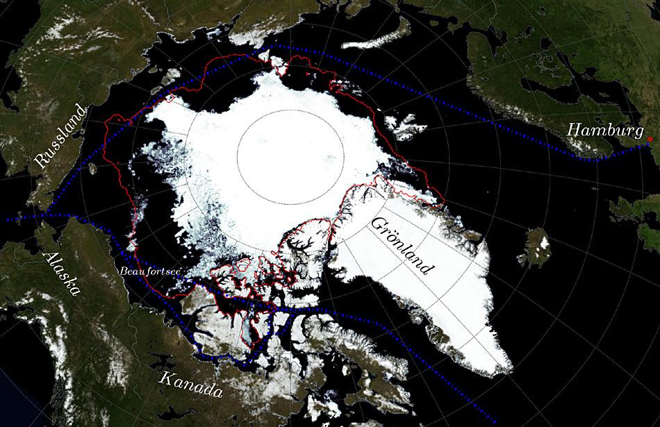 Karte der Arktis mit Eisarm in der Beaufortsee. Dargestellt ist die Eiskonzentration aus JAXA AMSR2-Satellitendaten am 1. September 2015, eine 15-Jahre (1992-2007) Klimatologie der September-Eisausdehnung in rot sowie verschiedene mögliche Seewege (Nordost- und Nordwestpassagen) in blau.