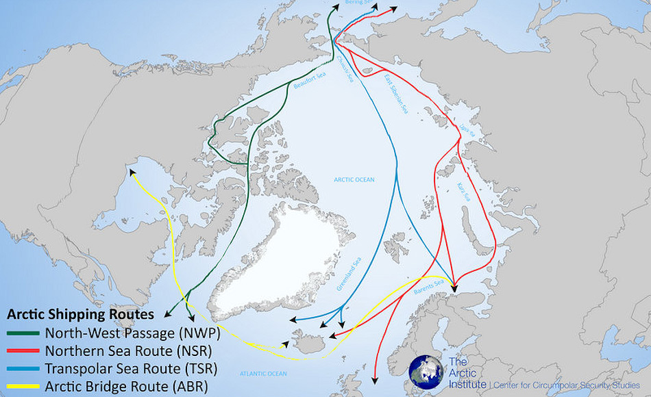 Den Arktischen Ozean zu durchfahren kann man nicht nur auf der klassischen Nordmeerroute entlang der russischen KÃ¼ste, sondern auch Ã¼ber den Nordpol und die Nordwestpassage. Doch trotz Klimawandel sind diese Routen immer noch kosten- und zeitintensiv. Bild: The Arctic Institute