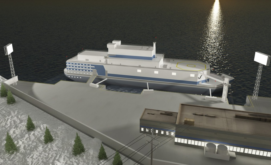 Eine künstlerische Darstellung des geplanten schwimmenden Kernkraftwerks „Akademik Lomonosov“, das das kleine russische Dorf Pevek in Zukunft mit Energie versorgen soll. Bild: Rosenergoatom.ru